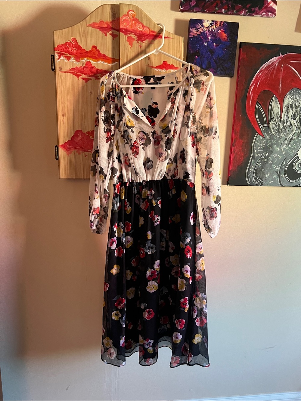 Ann Taylor Floral Two-Tone Long Sleeve Midi Dress - White & Black